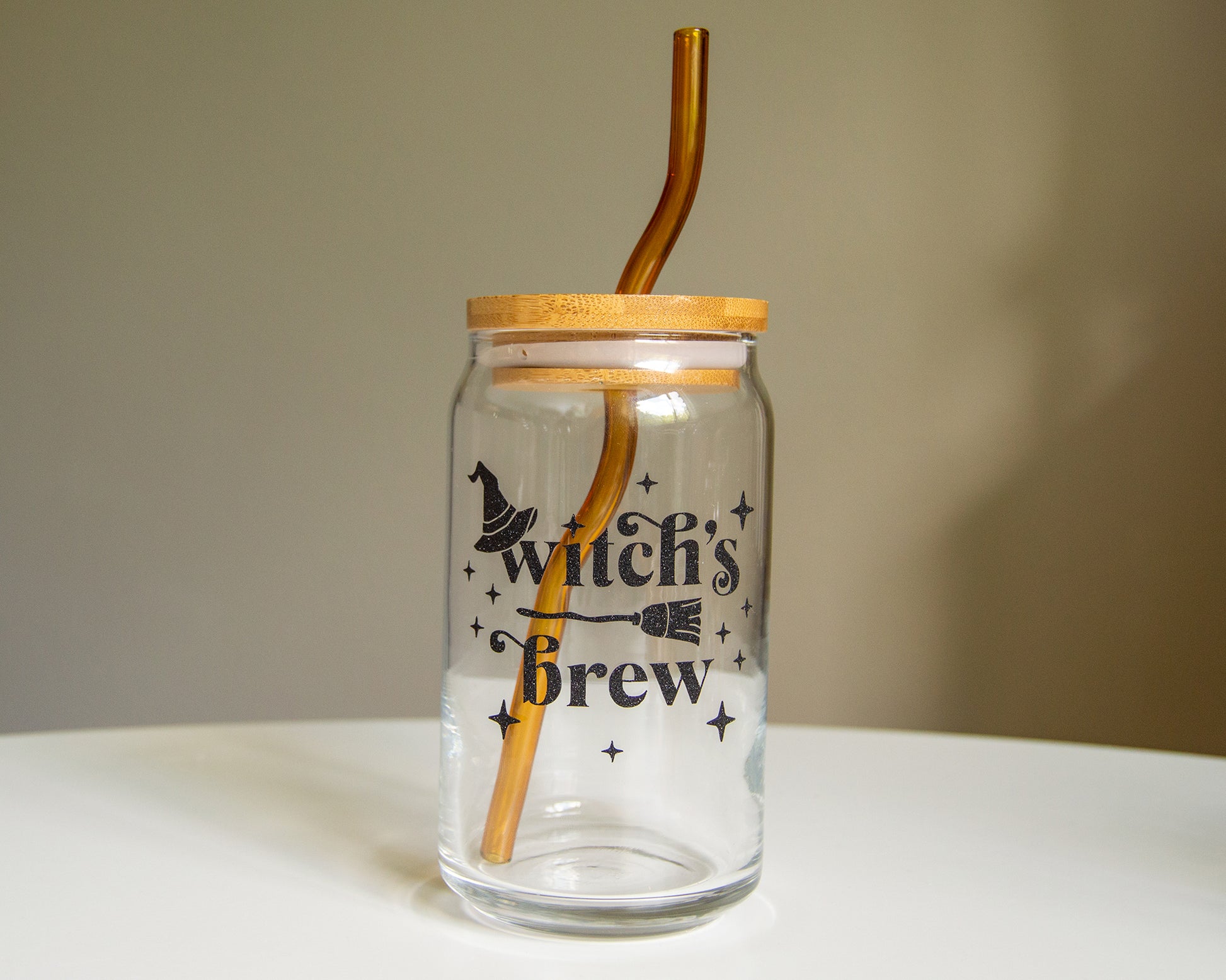 16oz Witches Brew Glass Cup with Bamboo Lid & Straw
