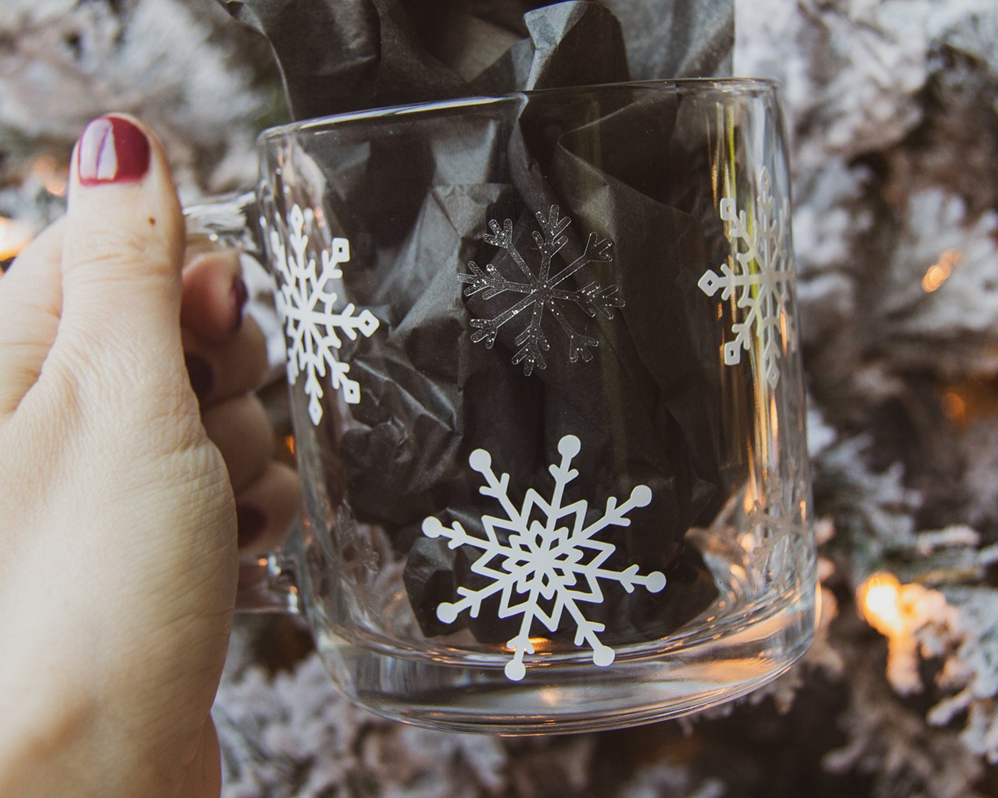 Clear Glass with White Snowflakes & Silver Glitter